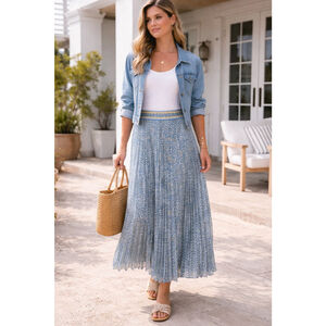 Max Studio London Blue Floral Pleated Maxi Skirt Boho Cottagecore Size L